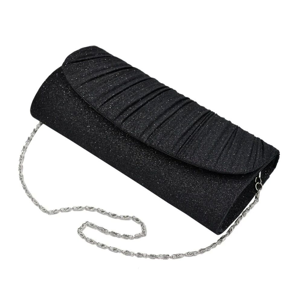 Black Pleated Glitter Flap Clutch Evening Bag Handbag Quilted Crossbody Purse